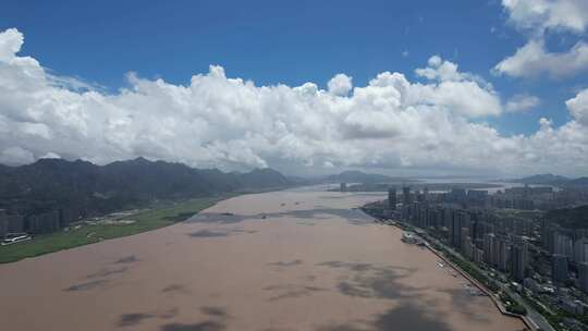 浙江温州瓯江蓝天白云航拍