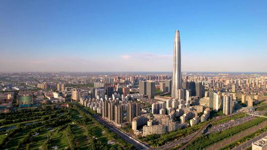 中国天津滨海新区周大福金融中心天际线航拍