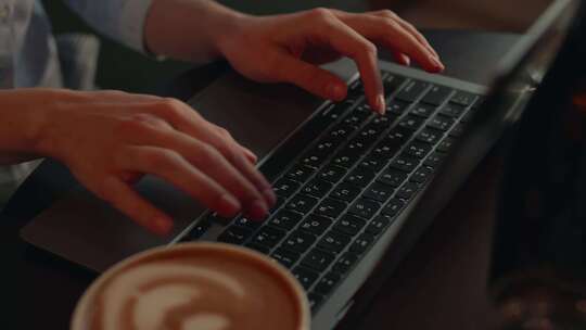 女人拿着一杯咖啡在笔记本电脑上打字