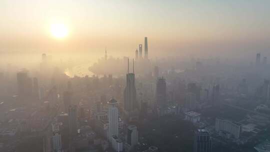 上海日出晨雾 陆家嘴日出 上海地标