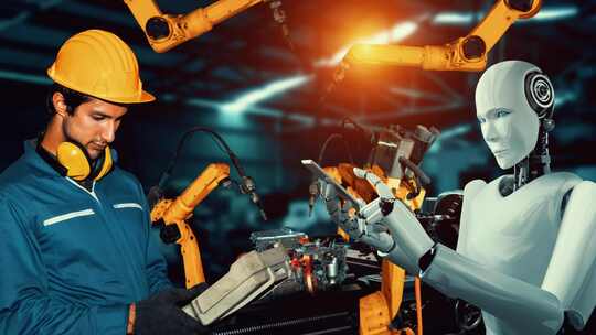数字化工业机器人和人类工人在未来工厂中协同工作