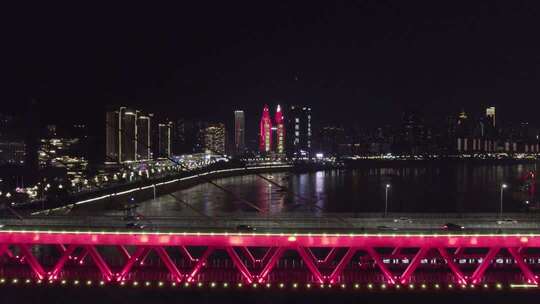 重庆东水门大桥夜晚桥梁地铁灯光穿梭航拍