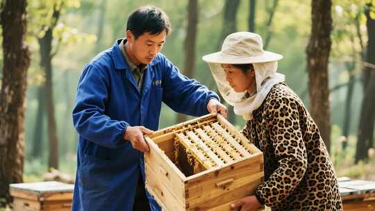 养蜂人树林中查看蜂箱