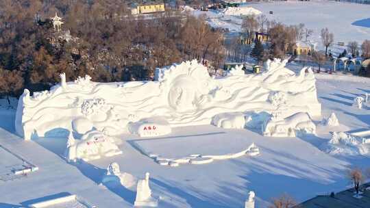 中国黑龙江哈尔滨太阳岛雪博会雪雕航拍