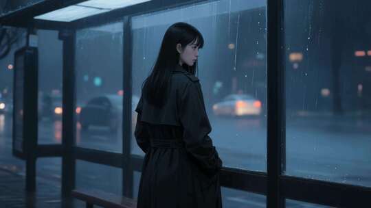 夜晚雨中公交站的女子