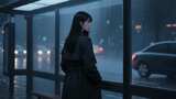 夜晚雨中公交站的女子高清在线视频素材下载