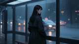 夜晚雨中公交站的女子高清在线视频素材下载