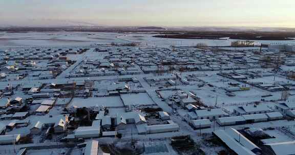 呼伦贝尔冬天雪景农垦农场民居村落景观