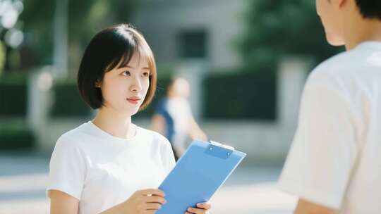 女孩手持文件夹与人交流