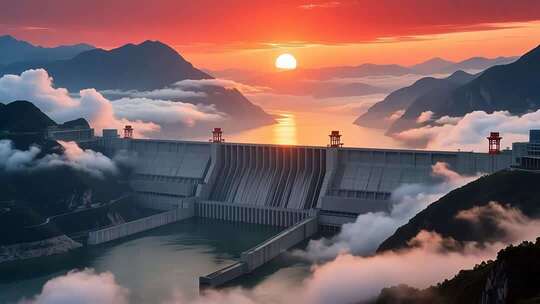 航拍云雾缭绕下的长江三峡大坝日出壮丽延时
