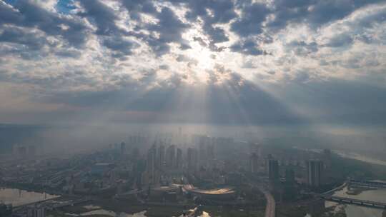 陕西宝鸡城市耶稣光航拍延时