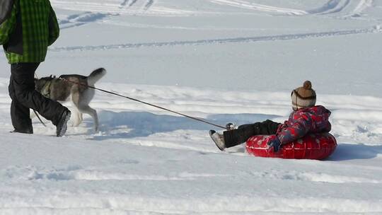父子俩在雪地里玩耍