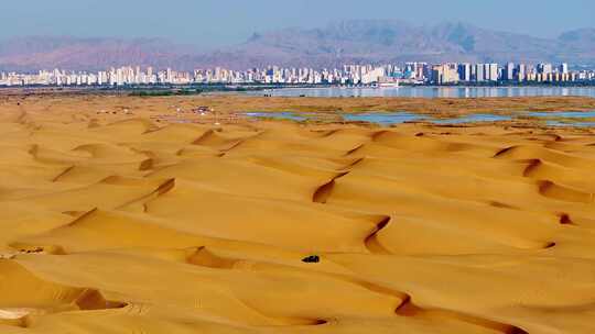 航拍乌海市乌海湖沙漠沙丘