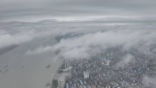 航拍鄂州多云平流雾城市云海