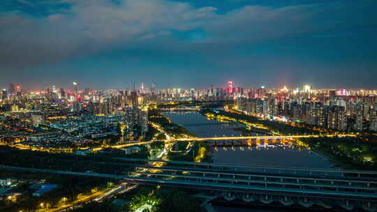 辽宁沈阳浑河胜利桥火车高铁城市夜景航拍