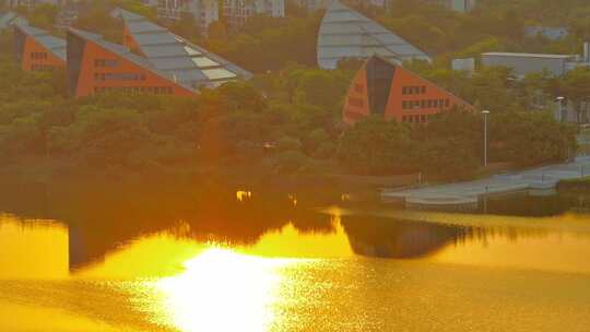 松山湖航拍夕阳东莞松山湖落日