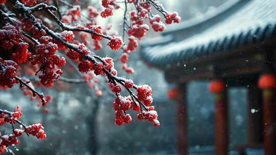 下雪红梅古建筑