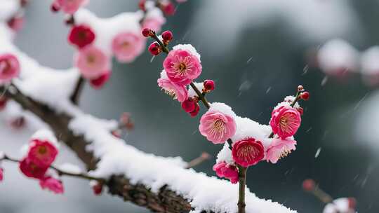 雪中绽放的粉色梅花特写