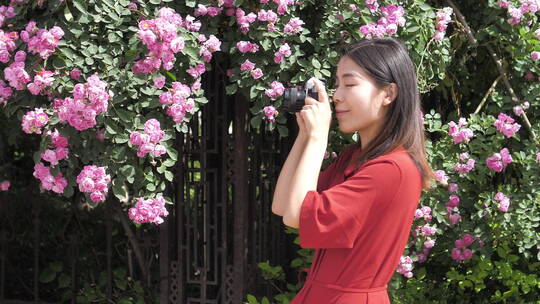 春天中国女性美女在公园拍照