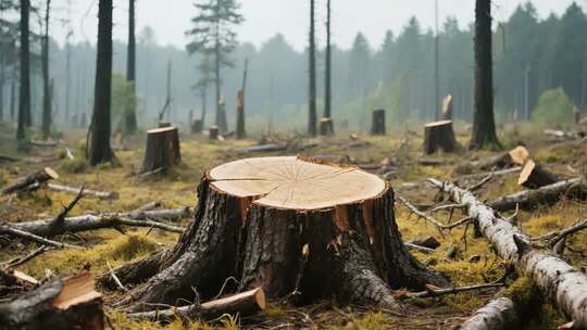 森林砍伐后的树桩与树林景象