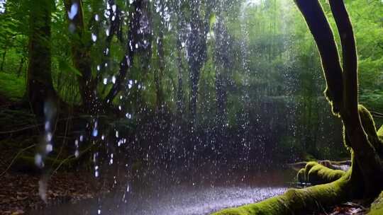 森林中雨滴落下景象