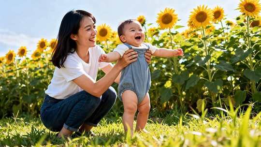 母亲带婴儿在向日葵田学步
