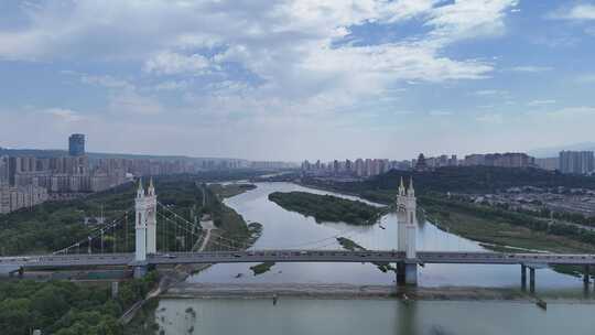 陕西宝鸡渭河联盟大桥地标建筑航拍