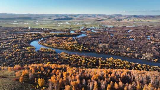 航拍秋季森林河流自然风光