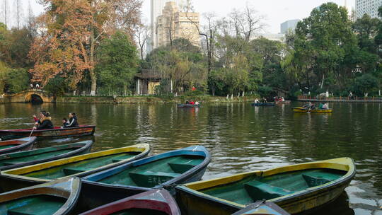 秋季成都人民公园游人坐船游玩延时视频