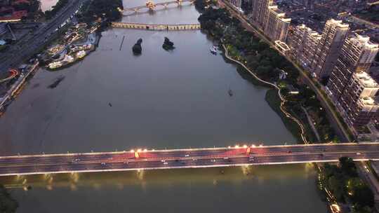 福建漳州城市夕阳晚霞夜幕降临夜景灯光航拍