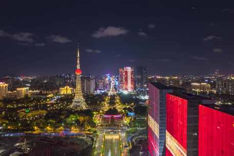 佛山禅城地标CBD夜景航拍后拉延时