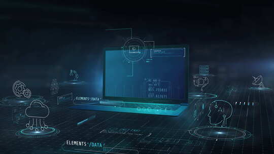 开放式笔记本电脑前的3D信息图场景