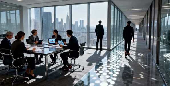 写字楼内商务人士办公交流场景