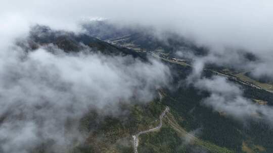 航拍人间仙境西藏高山林海云雾缭绕秋天风景