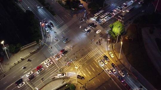 航拍湖南衡阳城市十字路口夜景