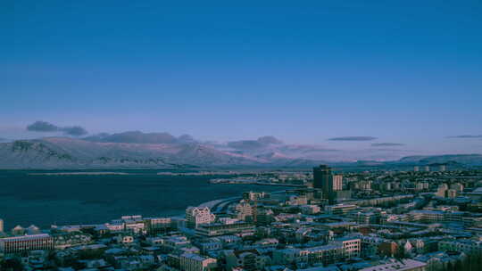 延时拍摄，冰岛雪域雷克雅未克的宽鸟瞰