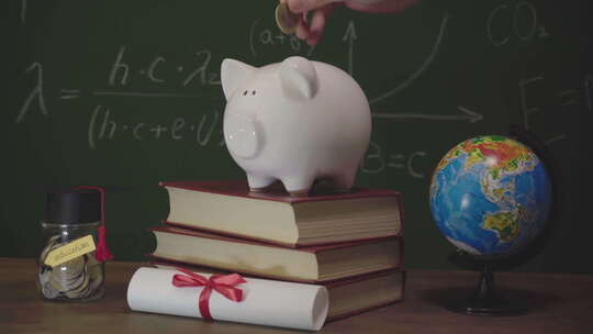 桌子上的储存罐小猪为孩子储存教育资金