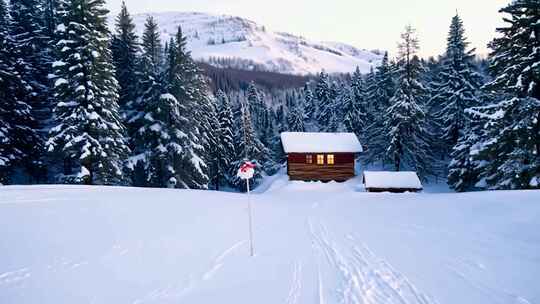 雪中小木屋，银装素裹的森林雪景