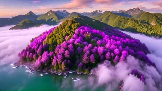 紫色森林云雾缭绕山间美景