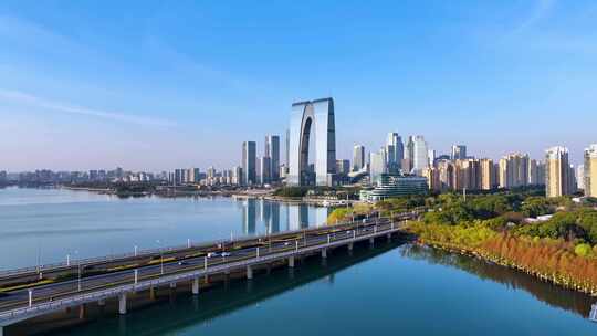 航拍苏州环金鸡湖CBD