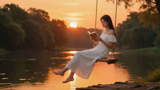 夕阳下荡秋千的恬静少女