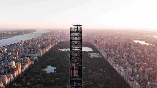 城市航拍纽约中央公园曼哈顿施坦威大厦日出