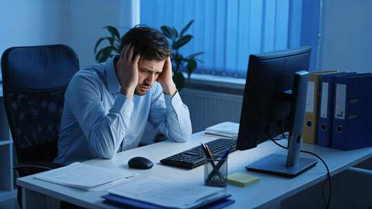 男士加班压力头痛疲惫居家办公工作场景
