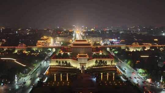 陕西西安永宁门夜景西安城墙夜景航拍