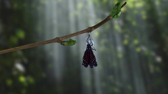 一只帝王蝶在戏剧性的树林中从蛹中出现