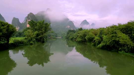 航拍桂林阳朔遇龙河景区竹筏漂流