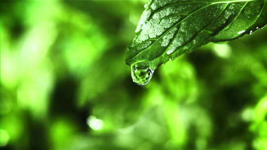 一滴水从一片绿色的树叶上落下