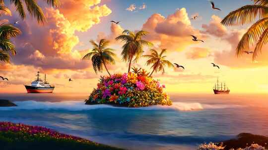 热带海岛日落 棕榈树繁花海浪帆船海鸟沙滩