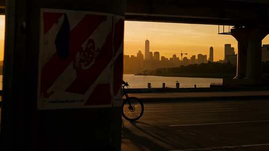 城市骑行日落剪影环保生活方式视频