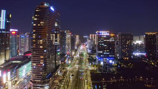 晚上杭州滨江市区现代建筑航拍